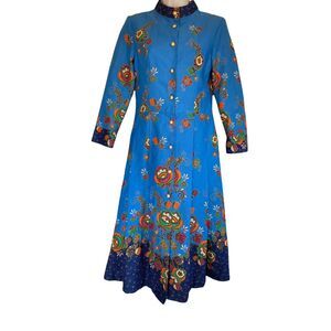 yayee batik Boho Button up pleated Blue floral Long Sleeve Peasant dress S